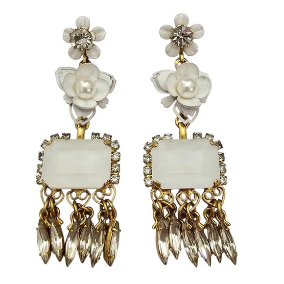 Elizabeth Cole Floral Rhinestone Faceted Glass Dangle Post Earrings - Picture 2 of 7